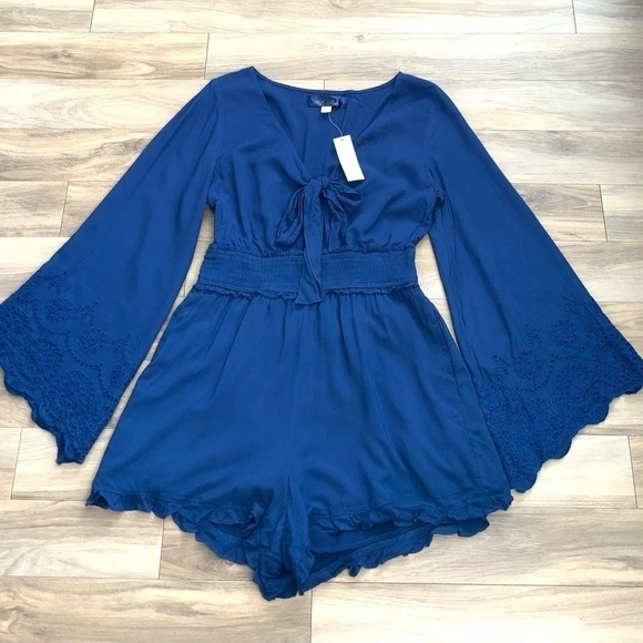 Francesca's Blue Rain Navy Embroidered Long sleeve Tie Knit Romper - Picture 4 of 7